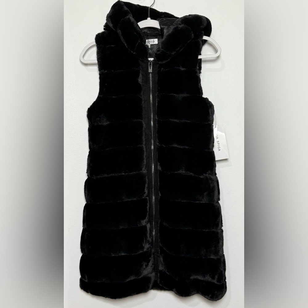 Via Spiga NWT Black Faux Fur Long Hooded Vest - Picture 4 of 9